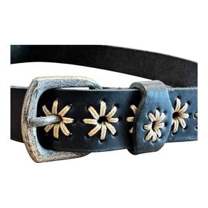 Guess Black Leather Belt with Floral Stitching and Silver Buckle Vintage Y2K